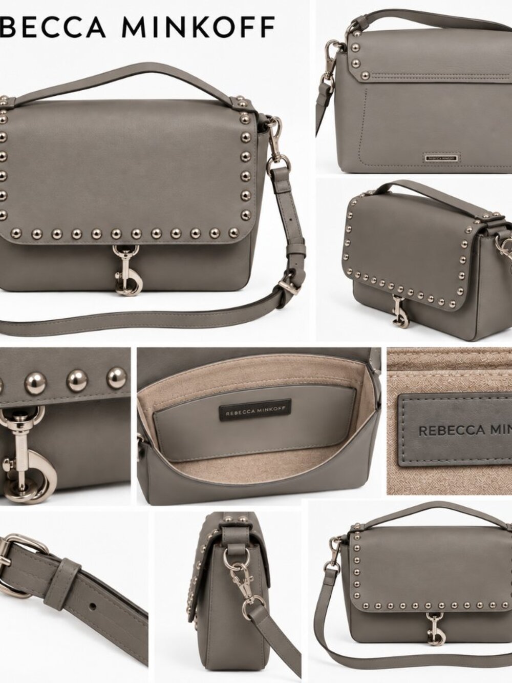 Rebecca Minkoff Gray Leather Studded Crossbody Bag with Adjustable Strap